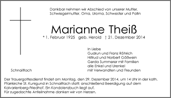 Traueranzeige von Marianne Theiß von Pegnitz-Zeitung